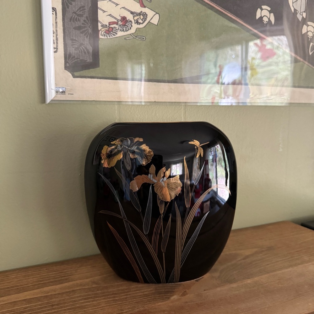Vintage Yamaji Japanese Black Porcelain Vase With Gold Iris & Dragonfly Designs